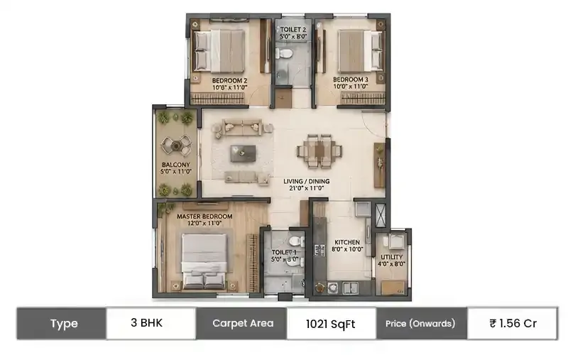 The Living Blueprint At Ganga Legends County 3 BHK floor plan, 1021 sq ft carpet area
